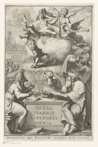 Alegoryczna postać z żydowskim mężczyzną Strona tytułowa dla: John Lightfoot, Opera Joannis Ligtfooti omnia, 1686 autorstwa Romeyn de Hooghe