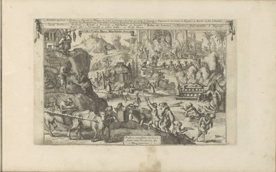 Bedelaars w Oosten West-Indie Bedel en Slacht-Papen Afgoden der Mexicanen / Mendian Priests and Sacrificians to the Divinitea Meksykanów (tytuł na obiekcie) Indie Wschodnie i Zachodnie oraz inne miejsca (tytuł serii) autorstwa Romeyn de Hooghe