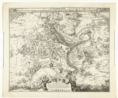 Bombardowanie furgonetki Luxemburg door de maarschalk de Créquy, 1684 Luksemburg, ołów. nazwisko metropolia książę chimacens napięcie pok. reg. Ale zajęły go ramiona Galii. 4 czerwca Ao. 8834 (tytuł na obiekcie) autorstwa Romeyn de Hooghe