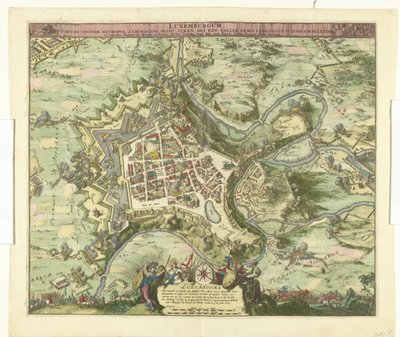 Bombardowanie furgonetki Luxemburg door de maarschalk de Créquy, 1684 Luksemburg, ołów. nazwisko metropolia książę chimacens napięcie pok. reg. Ale zajęły go ramiona Galii. 4 czerwca Ao. 8834 (tytuł na obiekcie) autorstwa Romeyn de Hooghe