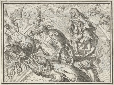 Karykatura przedstawiająca Ludwika XIV jako Apolla w jego rydwanie, 1701 autorstwa Romeyn de Hooghe