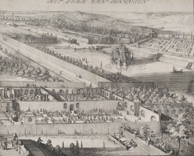 Fragment parku w prawej połowie Enghien, 1685. autorstwa Romeyn de Hooghe