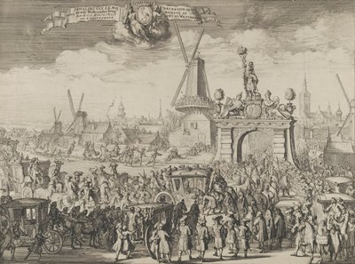 Wejście Wilhelma III do Hagi Inhaling van S.K. Maj. aende Westeynder brug door ..., 1691. autorstwa Romeyn de Hooghe