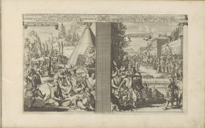 Lekarze w Arcladzie; Jezuita ogolony przez mytnika w Golkonda Guerisons infames des Arclades / Rude Healings // Roi de Golconde, Douane, etc / Tolrecht, en Cases (tytuł na obiekcie) Les Indes Orientales et Occidentales et autres autorstwa Romeyn de Hooghe