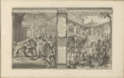 Historia urzędnika państwowego w Persji; Czas z Meksykanami Historia perska / Histoire de Perse // Veder Schilder Konst / Art de peindre chés les Mexiquains (tytuł na obiekcie) Les Indes Orientales et Occidentales et autres lieux (tytuł serii) autorstwa Romeyn de Hooghe