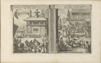 Koophandel japoński; Hof van de koning van de Calaminhans Koophandel japoński / Handel Japonii // Calaminhans Eer Pracht / Wspaniałość króla Calaminhana w Indiach Wschodnich (tytuł na obiekcie) Indie Wschodnie i Zachodnie oraz inne miejsca (seria autorstwa Romeyn de Hooghe