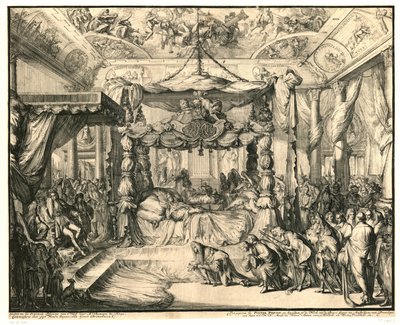 Królowa Maria II Stuart na łożu śmierci, 1695 Śmierć i pogrzeb Marii II Stuart, królowej Anglii, 1695 (tytuł serii) autorstwa Romeyn de Hooghe