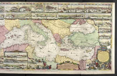Mapa Morza Śródziemnego z alegorycznymi postaciami i potworami morskimi zdobiącymi wstawki, z „The French Neptune and Atlas Maritime and Suite du Neptune François”, autorstwa Charlesa Pene i Pietera Mortiera autorstwa Romeyn de Hooghe