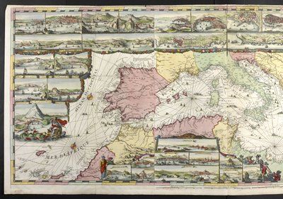 Mapa Morza Śródziemnego z alegorycznymi postaciami i potworami morskimi zdobiącymi wstawki, z „The French Neptune and Atlas Maritime and Suite du Neptune François”, autorstwa Charlesa Pene i Pietera Mortiera autorstwa Romeyn de Hooghe