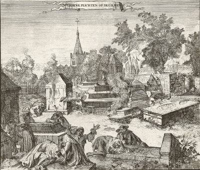 Żałoba na portugalsko-żydowskiego cmentarza Beth Haim z Ouderkerk na Amstel w Holandii - Grawerowanie Romeyna de Hooghe (1645-1708) autorstwa Romeyn de Hooghe
