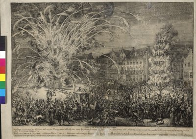 Nocne fajerwerki na ulicy Sablons w Brukseli, 1686 (akwaforta) autorstwa Romeyn de Hooghe