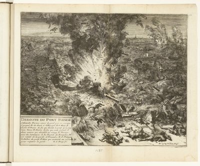 Wysadzenie mostu okrętowego w Parmie nad Skaldą, 1585 Deroute du Pont Farnese (tytuł na obiekcie) Guerres de Flandres (tytuł serii) autorstwa Romeyn de Hooghe