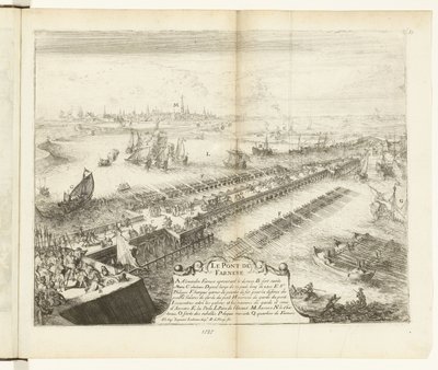 Parmański most nawy nad Skaldą, 1585 Le Pont de Farnese (tytuł na obiekcie) Guerres de Flandres (tytuł serii) autorstwa Romeyn de Hooghe