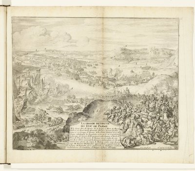 Odwrót Armii Księcia Parmy, 1592 La grande rekolekcje du duc de Parme (tytuł na obiekcie) Guerres de Flandres (tytuł serii) autorstwa Romeyn de Hooghe
