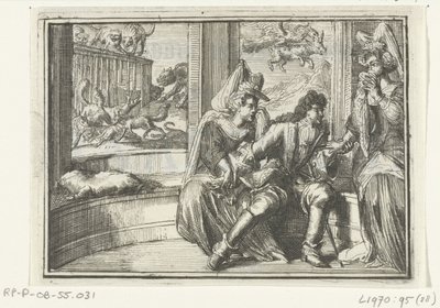 Strona tytułowa broszury: The Bump in the Guard, na Haasejagt, 1702 The Bump in the Guard, na Haasejagt (tytuł na obiekcie) Esopus w Europie (tytuł serii) autorstwa Romeyn de Hooghe
