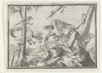 Strona tytułowa broszury: De Geplukte Tapoeijer, 1702 De Plukte Tapoeijer (tytuł na obiekcie) Esopus w Europie (tytuł serii) autorstwa Romeyn de Hooghe
