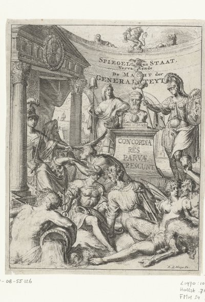 Druk tytułowy do części 2 „Mirror of State” Romeyna de Hooghe Lustro stanu. Zawierające De Macht der Generaliteyt (tytuł na obiekcie) autorstwa Romeyn de Hooghe