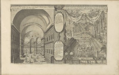 meczet turecki w Konstantynopolu; Keizerlijkhof w Chinach Turksche drwi van binnen / Wnętrze meczetu S. Sophia w Konstantynopolu // Chineese Hof Pomp / Wspaniałość dworu emp. z Chin. (tytuł na obiekcie) Indie Wschodnie i O autorstwa Romeyn de Hooghe