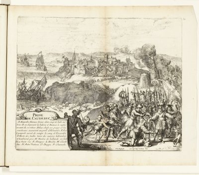 Verovering van Caudebec, 1592 Zdobycie Caudebec (tytuł na obiekcie) Wojny Flandrii (tytuł serii) autorstwa Romeyn de Hooghe