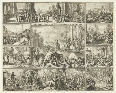 Prześladowania protestantów we Francji po odwołaniu edyktu nantejskiego, 1685-1686 Tyran przeciwko reformowanym w Vrankrijk (tytuł na obiekcie) autorstwa Romeyn de Hooghe