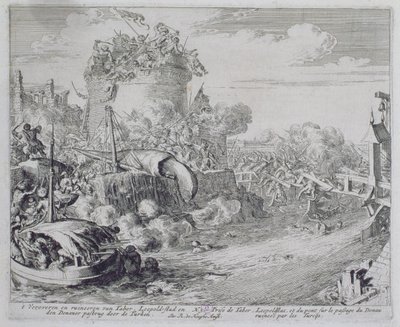 Wiedeński cykl rycin, podbój wyspy Tabor na obrzeżach Leopoldstadt, 1683 autorstwa Romeyn de Hooghe
