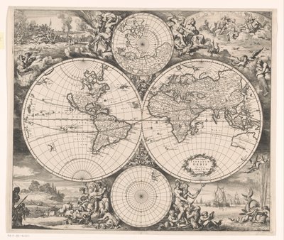 Mapa świata z alegorią czterech żywiołów Nova totius terrarum orbis tabula (tytuł na obiekcie) autorstwa Romeyn de Hooghe
