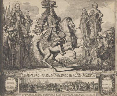 Wilhelm III jako Książę Orański, z czterema poprzednimi Stadthouders, Wilhelmem I, Maurycym,..., n.d.. autorstwa Romeyn de Hooghe