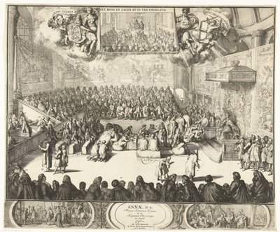 Zitting van het Lagerhuis met koningin Anna op de troon, 1702 Anna, D.G. Królowa Wielkiej Brytanii, a także wielcy książęta Anglii wyznani (tytuł na obiekcie) autorstwa Romeyn de Hooghe