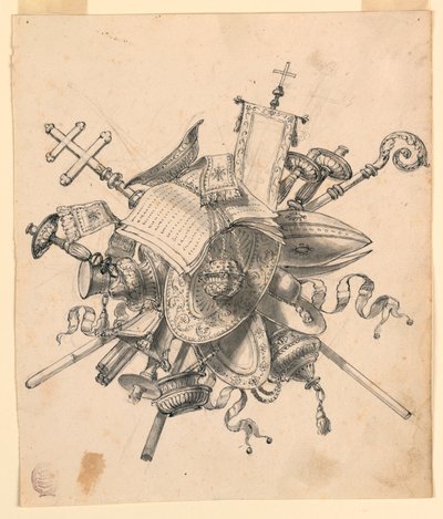 Rysunek, trofeum z obiektami kościelnymi, 1830-1850 autorstwa Romolo Achille Liverani