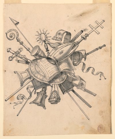 Rysunek, trofeum z obiektami kościelnymi, 1830-1850 autorstwa Romolo Achille Liverani