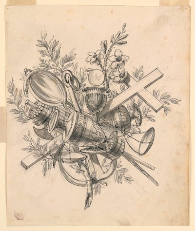 Rysunek, trofeum z symbolami cnót, 1830-1850 autorstwa Romolo Achille Liverani