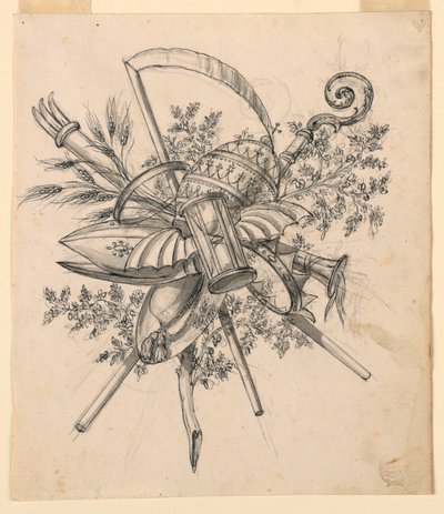 Rysunek, trofeum ze skrzydlatą klepsydrą, 1830-1850 autorstwa Romolo Achille Liverani