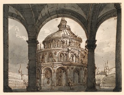 Scenografia, Atrium ze świątynią joannitów do opery „La Straniera” Vincenzo Belliniego autorstwa Romolo Achille Liverani