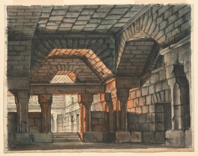 Scenografia, Wnętrze zamku warownego do „Ciro w Babilonii” Gioachino Rossiniego, La Scala, Mediolan, 1818, „Podziemne więzienie” autorstwa Romolo Achille Liverani