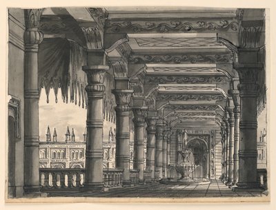 Scenografia, loggia z fontanną w orientalnym pałacu autorstwa Romolo Achille Liverani