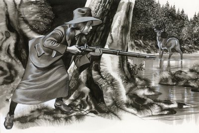 Annie Oakley strzelająca do kozła autorstwa Ron Embleton