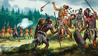 Angielskie kolonie walczące z Konfederacją Irokezów, XX wiek (gwasz na papierze) autorstwa Ron Embleton