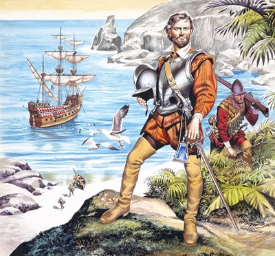 Francis Drake i Złoty Hind (gwasz na papierze) autorstwa Ron Embleton