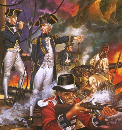 Nelson w bitwie pod Trafalgarem autorstwa Ron Embleton