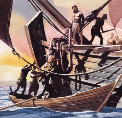 Piraci biorą więźnia (gwasz na papierze) autorstwa Ron Embleton