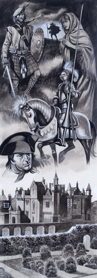 Szkocki zamek i osobistości ze szkockiej historii (gwasz na papierze) autorstwa Ron Embleton