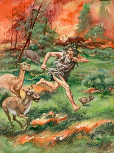 Człowiek z epoki kamienia, uciekający przed ogniem wraz ze zwierzętami (gwasz na papierze) autorstwa Ron Embleton
