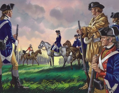Poddanie się generała Cornwallisa amerykańskiemu dowódcy w Yorktown w Wirginii 19 października 1781 r. () (gwasz na papierze) autorstwa Ron Embleton