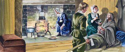 Ojcowie Pielgrzymi w na wpół zbudowanych domach autorstwa Ron Embleton