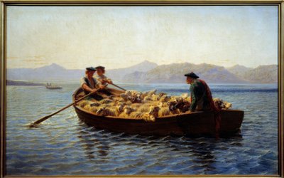 Zmiana wypasu. Pasterze wsiedli do stada owiec, aby zabrać je na drugi brzeg. Obraz Rosy Bonheur (1822-1899) autorstwa Rosa Bonheur