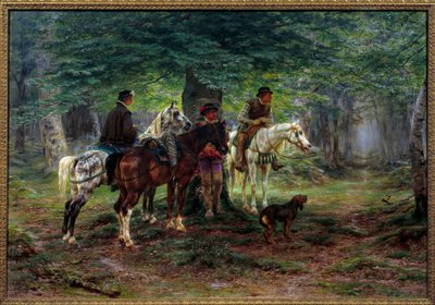 Jeźdźcy zaskoczeni deszczem (XVII w.). W lesie mężczyźni na koniach schronią się pod drzewem, czekając, aż przestanie padać deszcz. Obraz Rosy Bonheur (1822-1899) autorstwa Rosa Bonheur