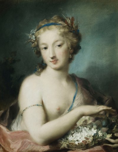 Flora, połowa długości, trzymająca śliwki, autorstwa Rosalba Giovanna Carriera