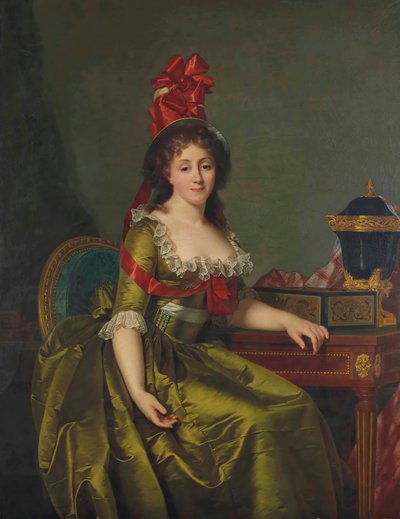Portret damy w zielonej satynowej sukience i czepku z czerwonymi wstążkami. autorstwa Rose Adelaide Ducreux