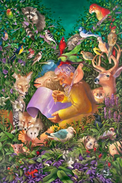 Noe i zwierzęta przed wielką powodzią, 2004 (olej na płótnie) autorstwa Rosemarie Adcock