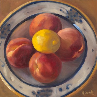 Brzoskwinie i cytryna, 2016 (olej na płótnie) autorstwa Rosemarie Adcock